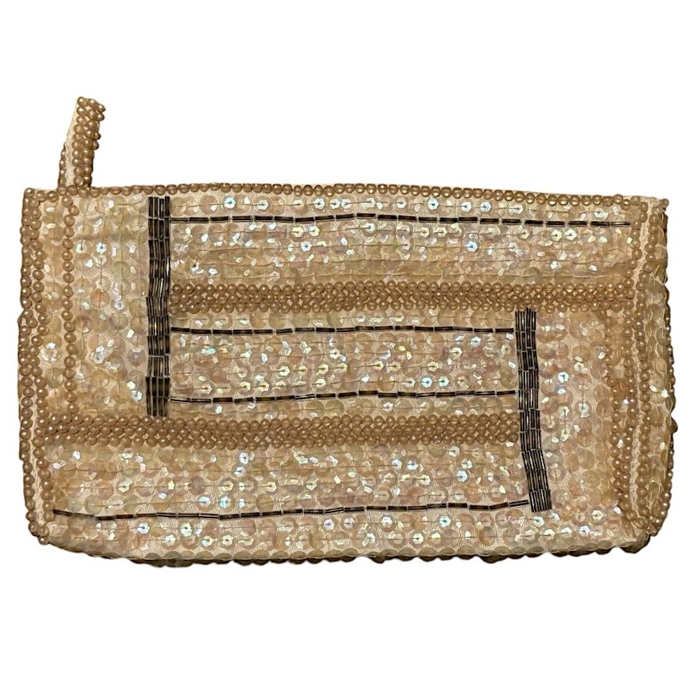Vintage La Regale 50s Iridescent Sequin Beaded Pearl Ivory Evening Clutch Bag